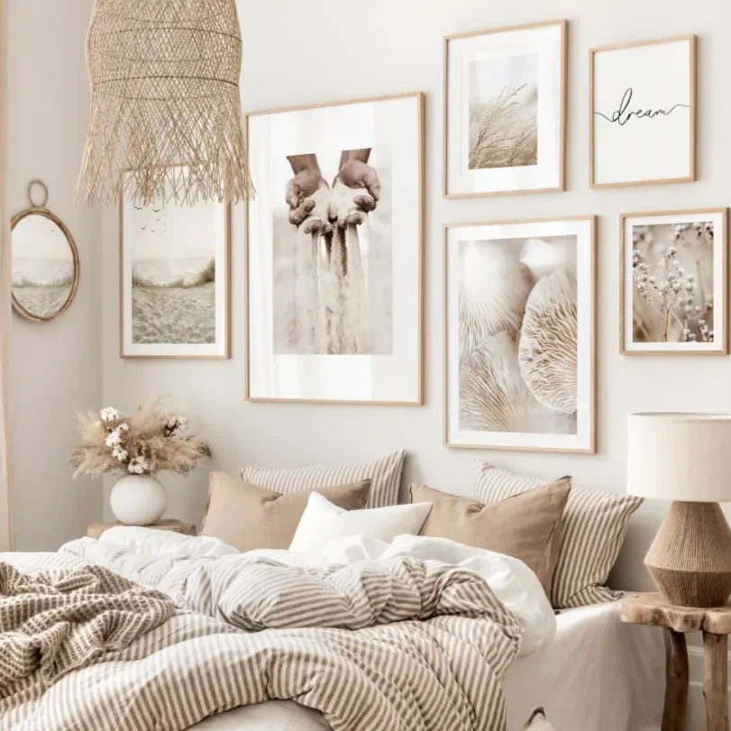 Beachy Beige Bedroom with sepia wall prints